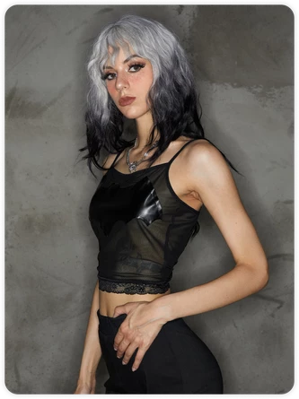 Kollyy Punk Black Mesh Pu Patchwork Halloween Top Tank Top & Cami 3 Kollyy Punk Black Mesh Pu Patchwork Halloween Top Tank Top & Cami - Image 3