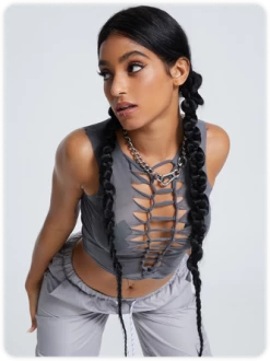 Kollyy Y2K Gray Mesh Cut Out Tie Front Top Tank Top & Cami -Tops Sales 0045e9f476b16111e5cddd1ec31510b8