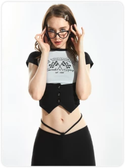 Kollyy Y2K Black Letter Button Back To School Top T-Shirt -Tops Sales 0086d6f357ae05606d081cc4e3220697