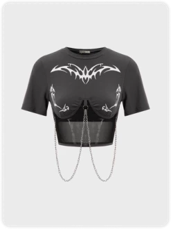 Kollyy Street Gray Graphic Patchwork Metal Chain Top T-Shirt