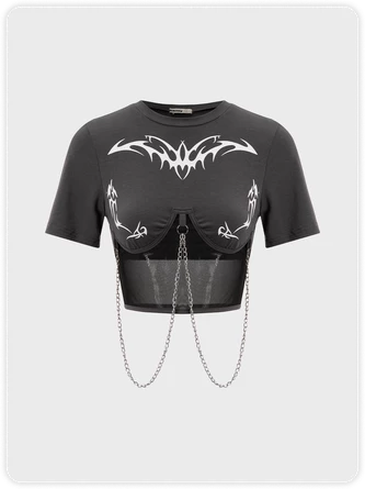 Kollyy Street Gray Graphic Patchwork Metal Chain Top T-Shirt 1 Kollyy Street Gray Graphic Patchwork Metal Chain Top T-Shirt