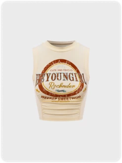 Kollyy Y2K Khaki Graphic Wrinkled Top Tank Top & Cami