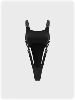 Kollyy Black Slim Cut Out Cyberpunk Top Bodysuit