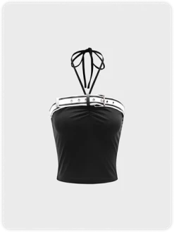 Kollyy Y2K Black Tiered Design Tie Up Back To School Top Tank Top & Cami