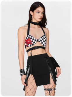 Kollyy Punk Black Plaid Skull Removable Straps Top Tank Top & Cami -Tops Sales 0620e3bd8d85f36c27c7c185f7b67499