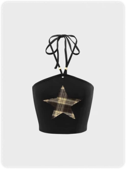 Kollyy Y2K Black Srar Patchwork Tie Up Top Tank Top & Cami