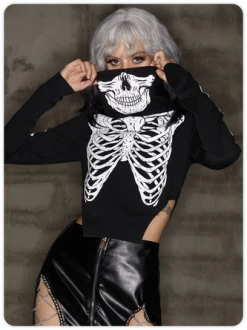 Kollyy Street Black Skull High Neck Cropped Halloween Top T-Shirt