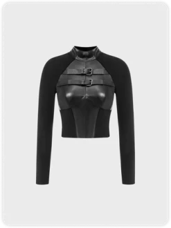 Kollyy Punk Black Patchwork Removable Straps Halloween Top T-Shirt