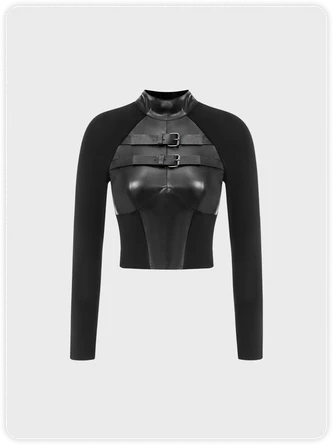 Kollyy Punk Black Patchwork Removable Straps Halloween Top T-Shirt 1 Kollyy Punk Black Patchwork Removable Straps Halloween Top T-Shirt