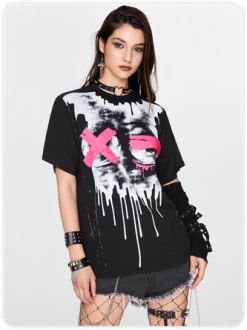 Kollyy Punk White Graffiti Figure Oversized Halloween Top T-Shirt