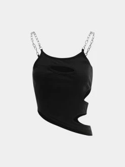 Kollyy Black Asymmetrical Design Cut Out Top Tank Top & Cami