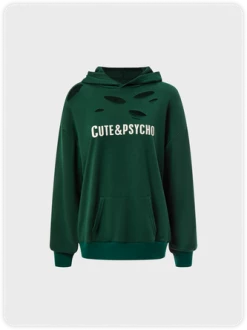 Kollyy Street Green Graphic Cut Out Hooded Top Hoodie & Sweatshirt