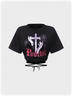 Kollyy Punk Black Graphic Lace Up Halloween Top T-Shirt