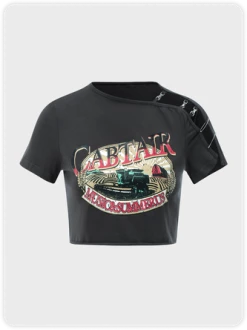 Kollyy Street Gray Cut Out Slim Letter Top T-Shirt