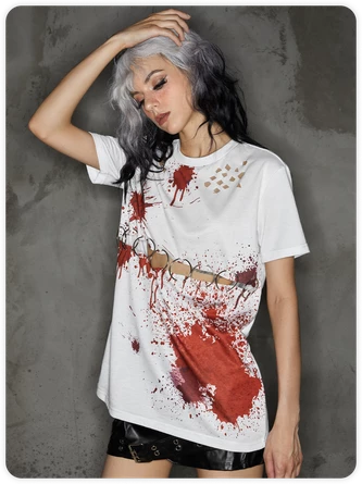 Kollyy Punk White Graffiti Metal Cut Out Halloween Top T-Shirt 3 Kollyy Punk White Graffiti Metal Cut Out Halloween Top T-Shirt - Image 3