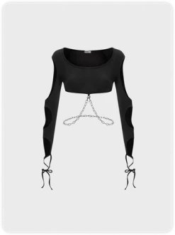 Kollyy 【Pre Order】Punk Black Cut Out Metal Chain Top Women Top