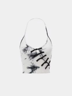 Kollyy Fashion Black-White Tie Dye Disc Buckle Halter Top Tank Top & Cami