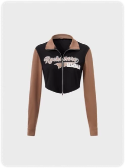 Kollyy Street Brown Color Block Zip Up Top Outwear