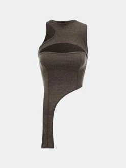 Kollyy Brown Asymmetrical Design Cut Out Deconstructed Top Tank Top & Cami
