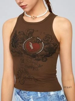 Kollyy Y2K Brown Hotfix Rhinestone Graphic Top Tank Top & Cami -Tops Sales 179fa0b6322d39e5b25810fffccd1999