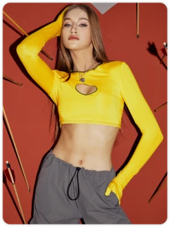 Kollyy Y2k Yellow Cut Out Top T-Shirt