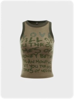Kollyy Street Army Green Hotfix Rhinestone Letter Top Tank Top & Cami