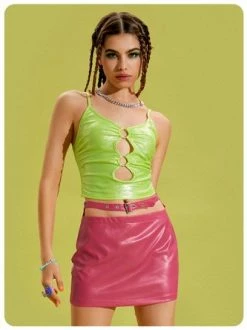 Kollyy Green Spaghetti Strap Cut Out Top Tank Top & Cami -Tops Sales 1ed0e4badc2739ca976c4e5c0f6a0577