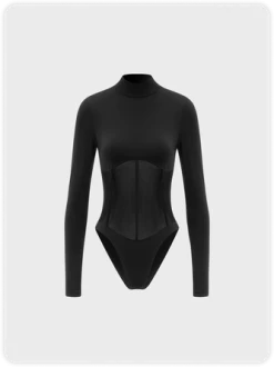 Kollyy Street Black Patchwork Mesh Top Bodysuit