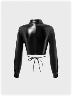 Kollyy Punk Black Leather Low Waist Top Outwear -Tops Sales 22bcdd441e8209d73370f49994303aca