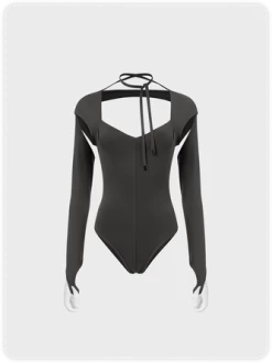 Kollyy Street Gray Cut Out Raw Edge Top Bodysuit