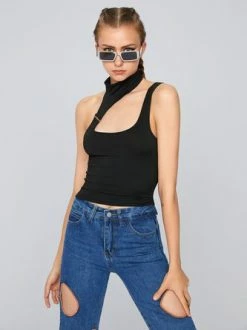 Kollyy Street Black Asymmetrical Design Metal Top Tank Top & Cami -Tops Sales 25687b506fe078edfc463d7e859fe420