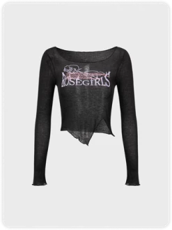 Kollyy Y2K Black Irregular Hem Letter Top T-Shirt