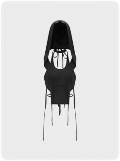 Kollyy Y2K Black Hooded Double Layer Backless Top Tank Top & Cami