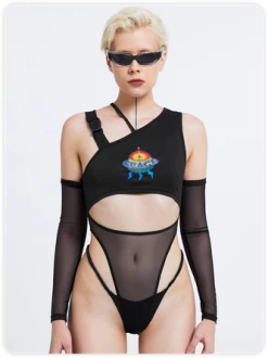 Kollyy Edgy Black Asymmetrical Design Mesh Top Bodysuit -Tops Sales 27c7cd8e02529c56890e78681e7333de