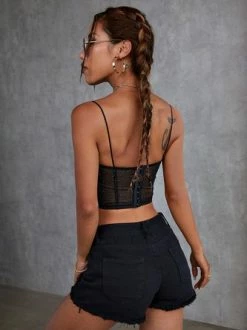 Kollyy Black Spaghetti Strap Mesh Party Top Tank Top & Cami -Tops Sales 283dc1c8ca1e4d05997a29d7d9a9ddca