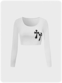 Kollyy Y2k White Cross Top T-Shirt