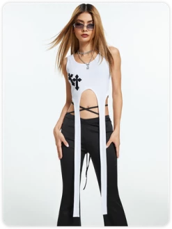 Kollyy White Cross Pattern Lace Up Top Tank Top & Cami