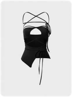 Kollyy Edgy Black Lace Up Asymmetrical Design Top Tank Top & Cami