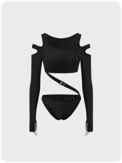 Kollyy Punk Black Cut Out Asymmetrical Design Top Bodysuit