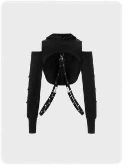 Kollyy Punk Black Cold Shoulder Hooded Metal Halloween Top Hoodie & Sweatshirt