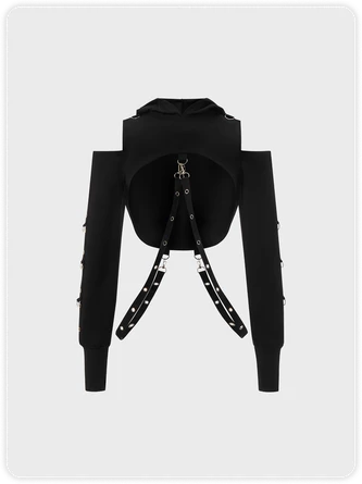 Kollyy Punk Black Cold Shoulder Hooded Metal Halloween Top Hoodie & Sweatshirt 1 Kollyy Punk Black Cold Shoulder Hooded Metal Halloween Top Hoodie & Sweatshirt