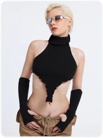 Kollyy Street Black High Neck Irregular Hem Arm Sleeves Top Sweater 3 Kollyy Street Black High Neck Irregular Hem Arm Sleeves Top Sweater - Image 3