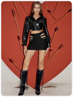 Kollyy Punk Black Leather Low Waist Top Outwear -Tops Sales 33a4740b3854828a06ca2be0f93395a3