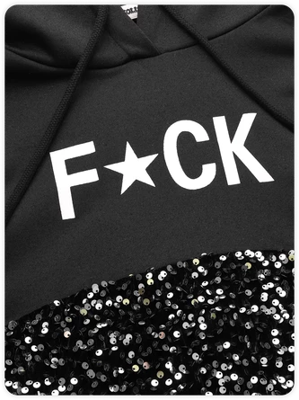 Kollyy Street Black Patchwork Glitter Graphic Top Hoodie & Sweatshirt 2 Kollyy Street Black Patchwork Glitter Graphic Top Hoodie & Sweatshirt - Image 2