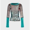 Kollyy Y2k Green Patchwork Mesh Graffiti Top Women Top
