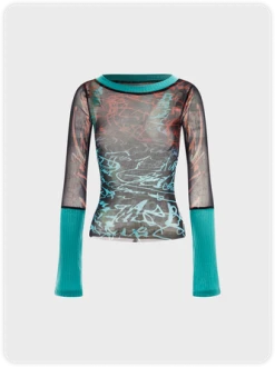 Kollyy Y2k Green Patchwork Mesh Graffiti Top Women Top