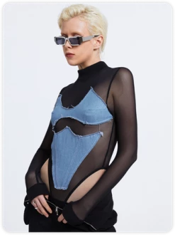 Kollyy Edgy Black Asymmetrical Design Mesh Top Bodysuit -Tops Sales 348e17ac3882c2bdb806e7ad1235a875