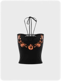 Kollyy Punk Black Graphic Halter Cut Out Halloween Top Tank Top & Cami