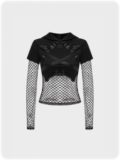 Kollyy Black Mesh Patchwork Halloween Top T-Shirt