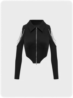 Kollyy Street Black Metal Chain Cold Shoulder Irregular Hem Top T-Shirt